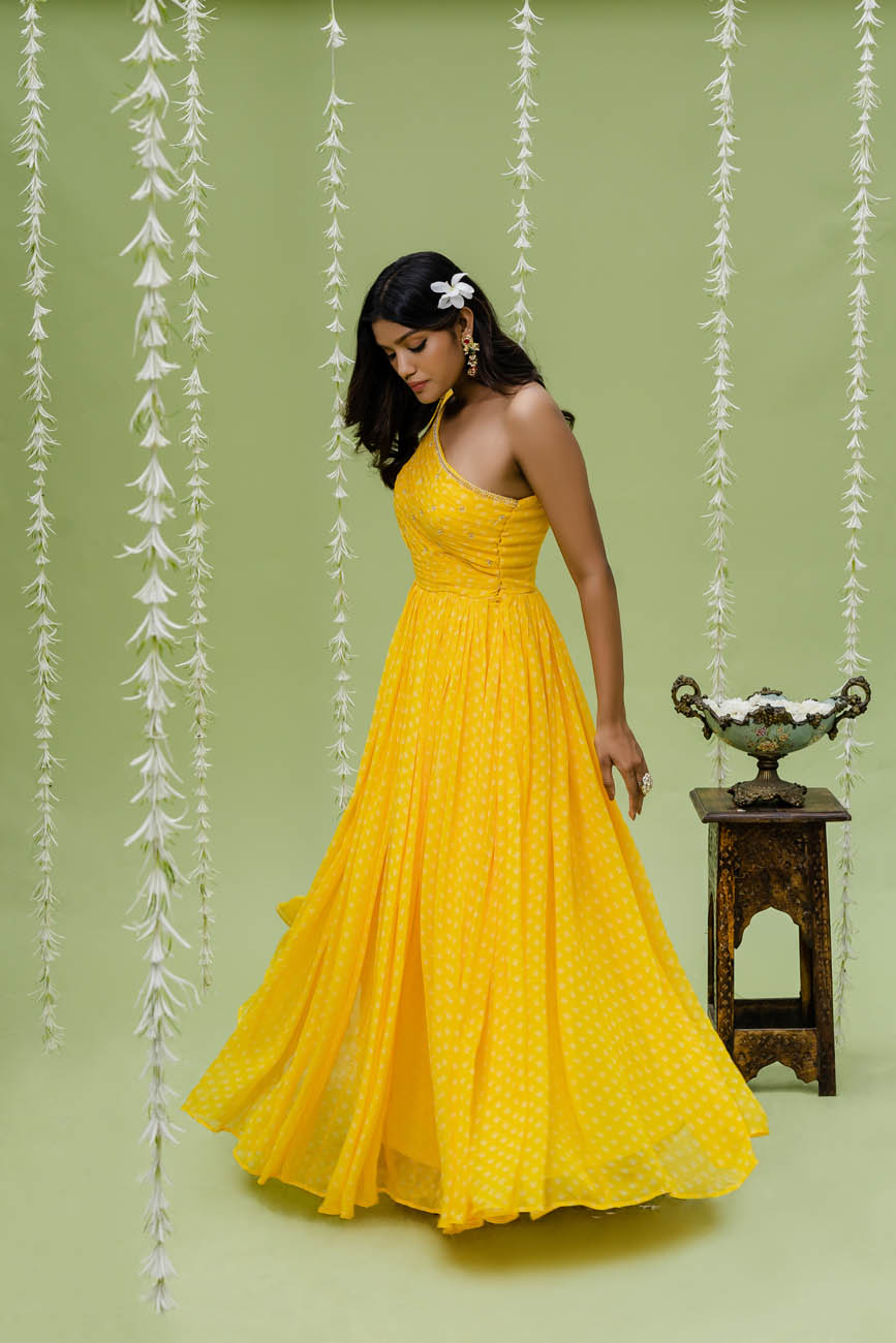 Embroidered Printed Sunny Yellow Gown